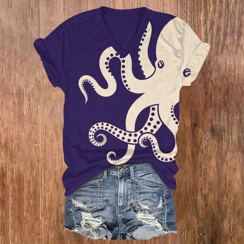 Japanese Funny Abstract Octopus Art Print T-shirt - Purple - US32-34(5XL) - image 4