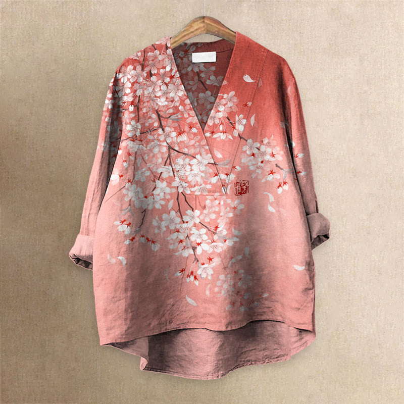 Cherry Blossom Full Moon Japanese Art Printed Casual V-neck Blouse - Orange - 6XL - image 6