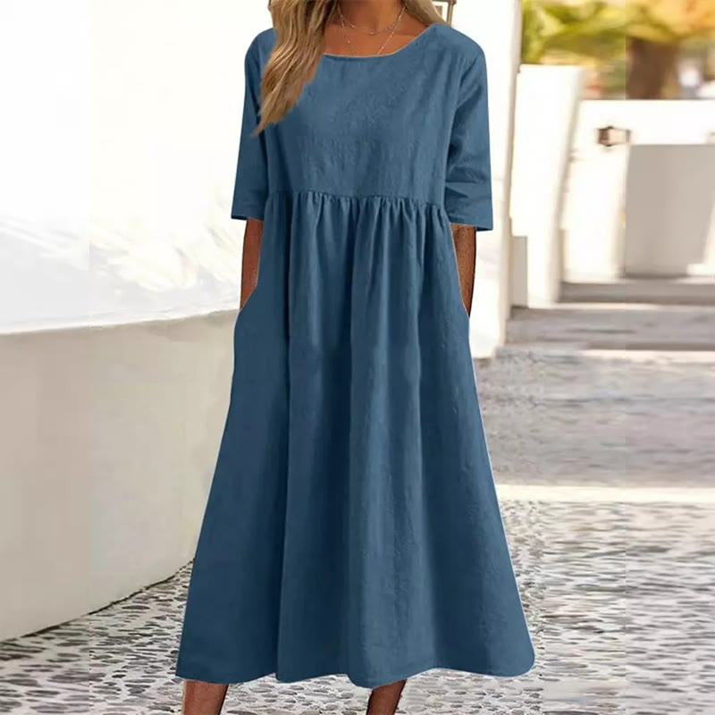 Elegant Solid Round-neck Short-sleeve Midi Dress - Blue - 5XL - image 9