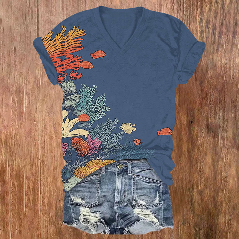 Vintage Marine Plants & Fish Art Print V-neck T-shirt - Blue - US32-34(5XL) - image 2