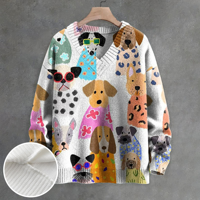 Colorful Fun Cartoon Puppy Print Causal V-neck Pullover Unisex Sweater - image 4