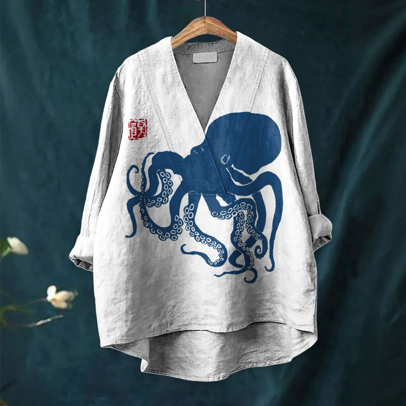 Octopus Japanese Lino Art Print Casual V-neck Blouse - image 3