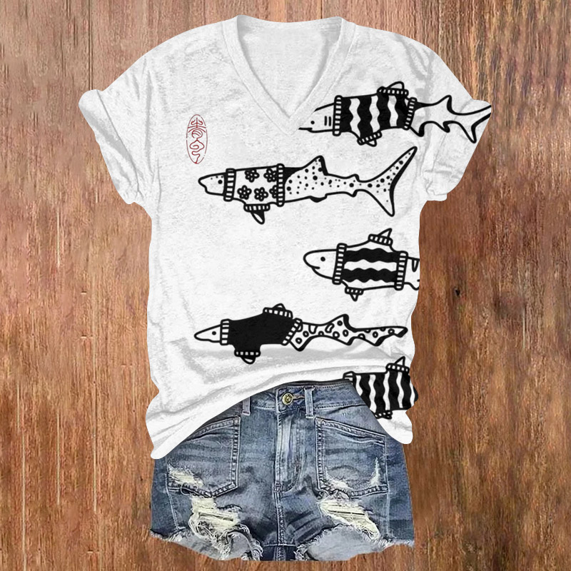Japanese-style Group Fish Wearing Clothes Printed Short Sleeved V-neck T-shirt - Light Gray - US32-34(5XL) - image 1