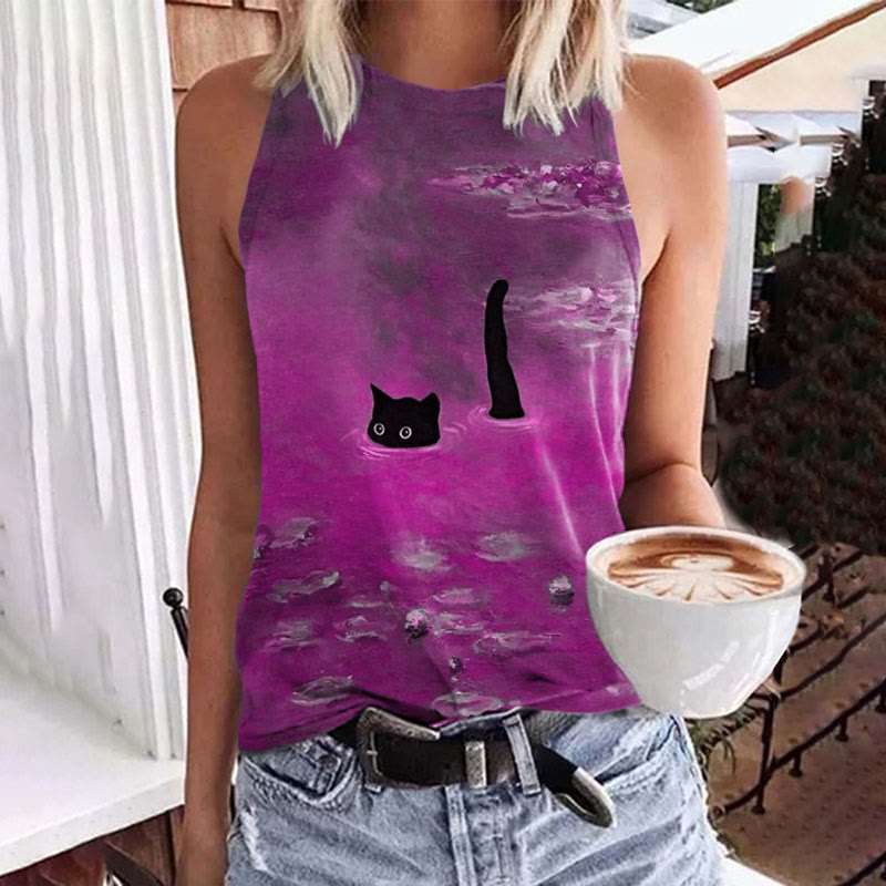 Women's Oil Painting Cat Print Art Tank Top - Purple - 5XL - image 5