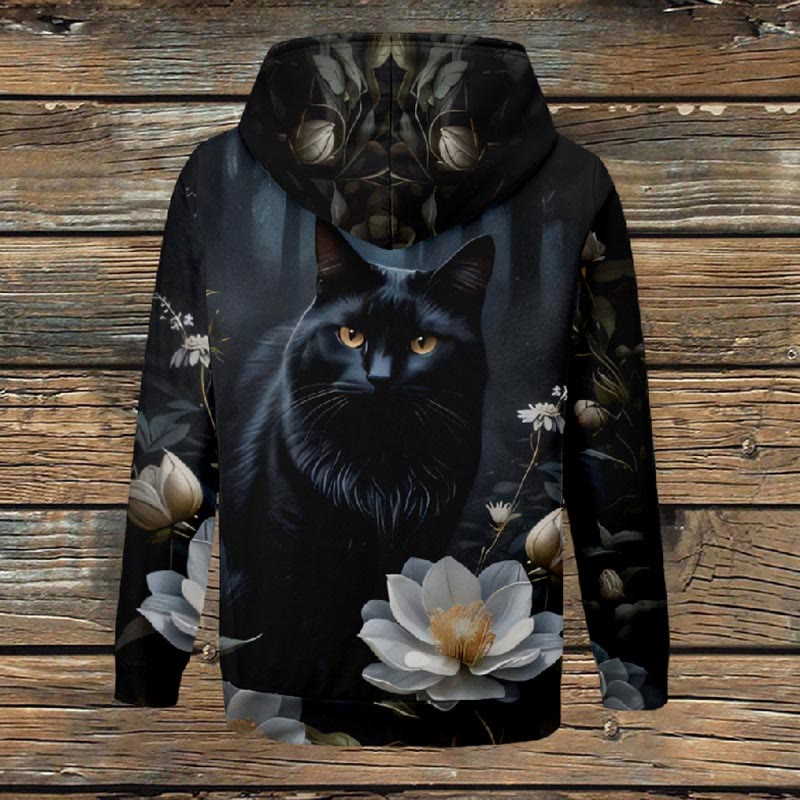 Women's Fantasy Camellia Blossom ＆ Black Cat Print Fleece Jacket - image 3