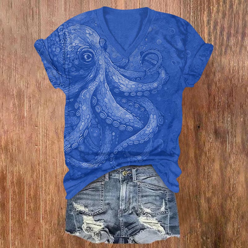 Retro Watercolor Octopus Art Print V-neck T-shirt - Blue - US32-34(5XL) - image 2