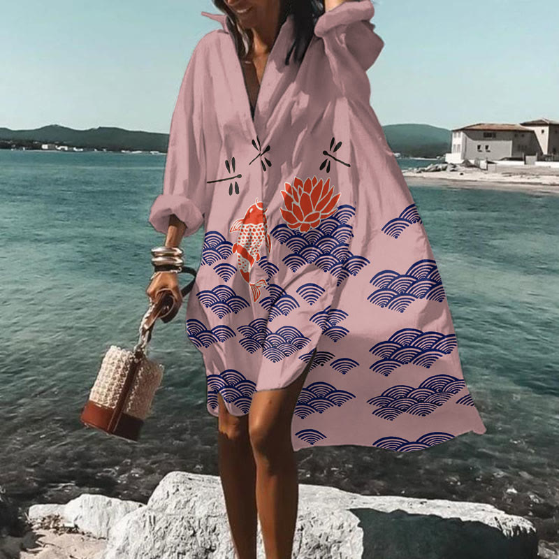 Japanese Style Koi Fish Dragonfly Wave Art Print Dress - Pink - 5XL - image 5