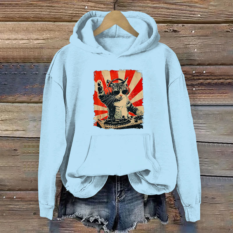 100% Cotton Dj Cat Print Women's Hoodie - Blue - 2XL - image 5