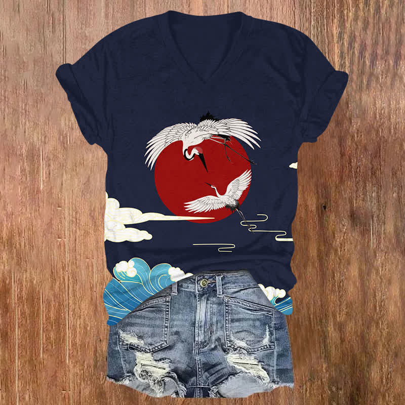 Japanese Sun & Crane Art Print V-neck T-shirt - Dark Blue - US32-34(5XL) - image 2
