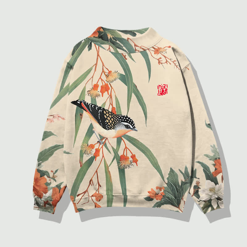 Japanese Vintage Little Bird Pattern Print Mock Neck Sweatshirt - Apricot - 4XL - image 6