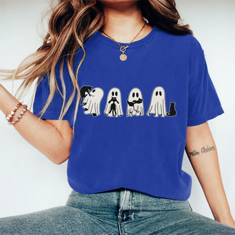 100% Cotton Halloween Ghost Playing With Cats Art Print T-shirt - Royal Blue - 2XL - image 13