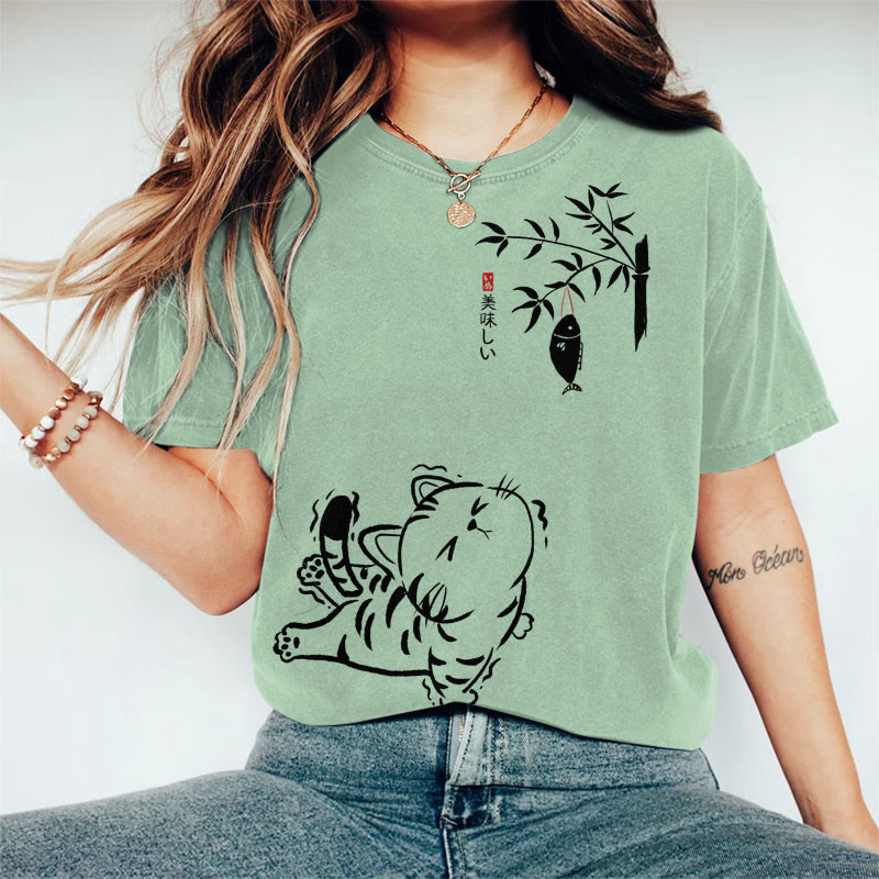 100% Cotton Women's Japanese Cat Eagers For Fish On The Tree Art Print Casual T-shirt - Green - 2XL - image 5