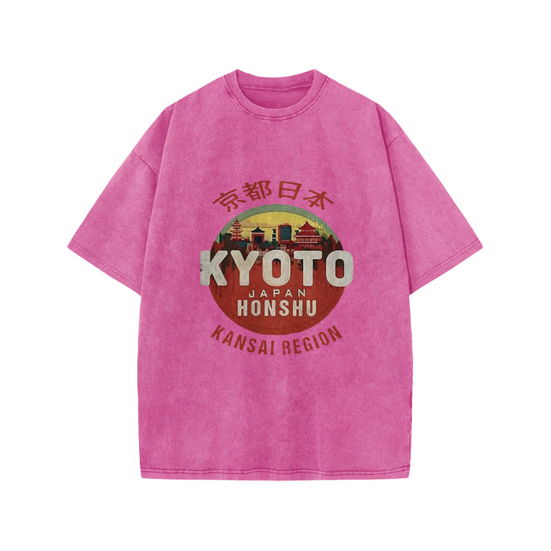Unisex 100% Cotton Kyoto Japan Honshu Kansai Region Vintage Print Acid Washed T-shirt - Pink - 3XL - image 9