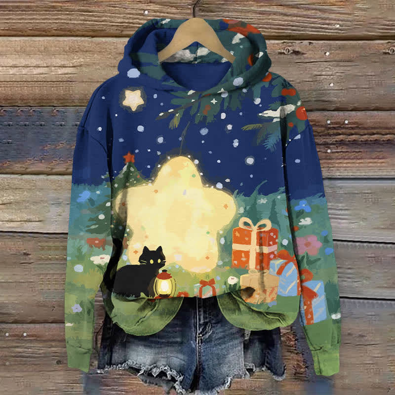 Oil Painting Black Cat Starry Christmas Gift Art Print Long Sleeve Hoodie - Blue - US44-46(8XL) - image 4