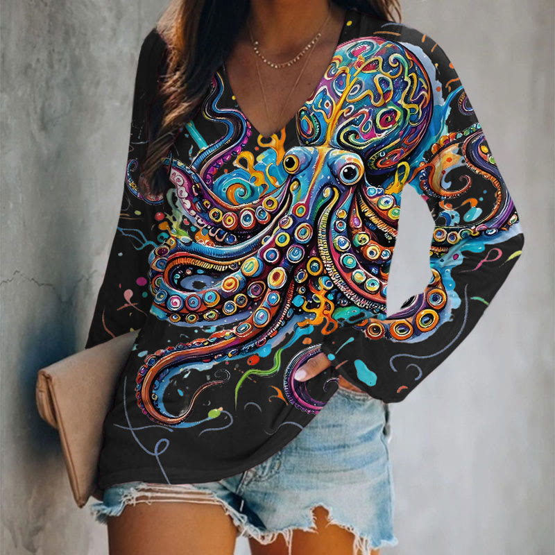 Vintage Rainbow Octopus Art Print Long Sleeve T-shirt - Black - 5XL - image 4