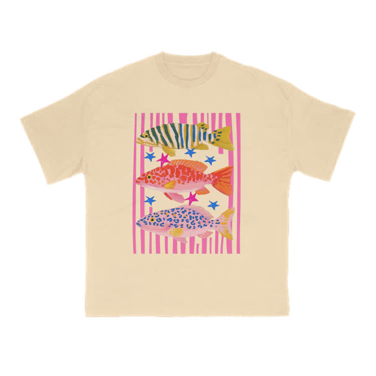 Playful Tropical Fish Graphic Crew Neck T Shirt - Apricot - US16-18(2XL) - image 9