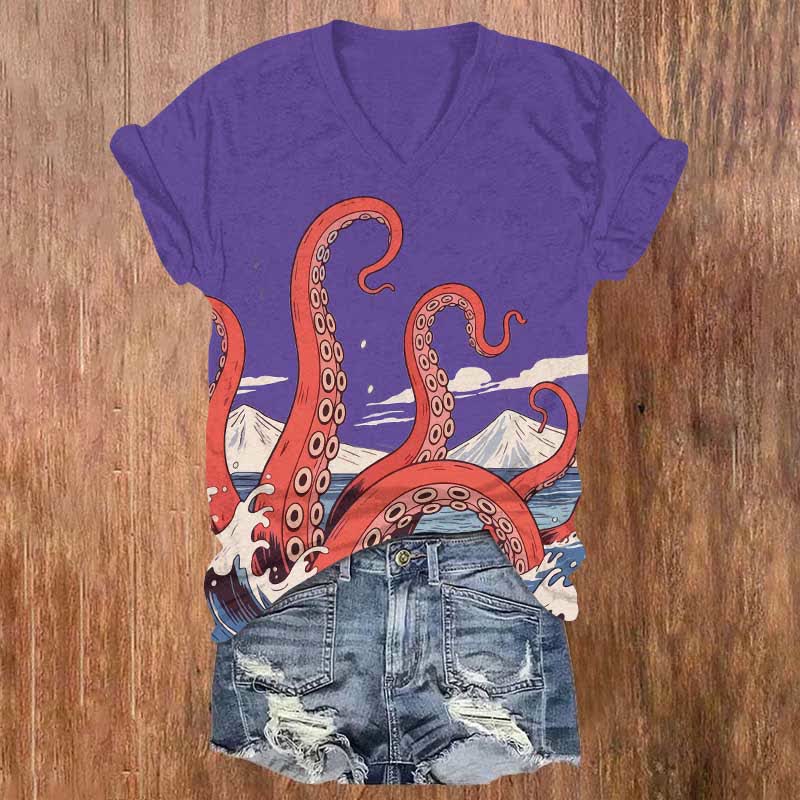 Japanese Cartoon Ocean Octopus Tentacles Art Print V-neck T-shirt - Purple - US32-34(5XL) - image 4