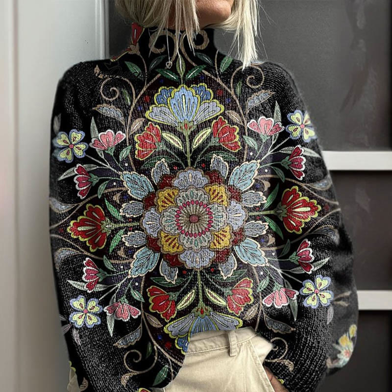 Women's Floral Art Print Turtleneck Pullover Sweater - image 2
