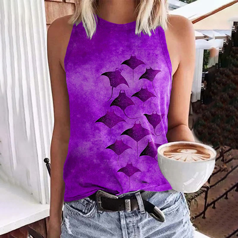 Vintage Manta Ray Art Print Crew Neck Tank Top - Purple - 5XL - image 3