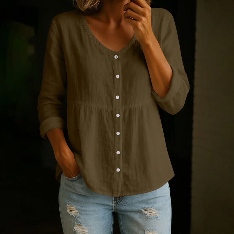 Cozy Solid Button V-neck A-line Long Sleeve Blouse - Coffee - 4XL - image 8