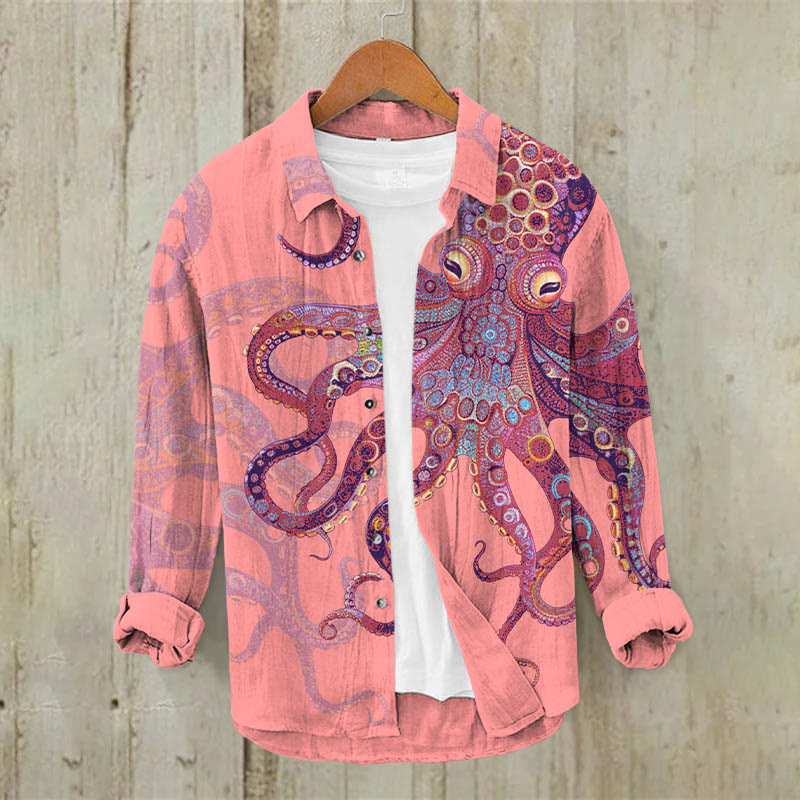 Unique Exquisite Octopus Pattern Print Casual Long Sleeve Lapel Shirt - Pink - 5XL - image 5