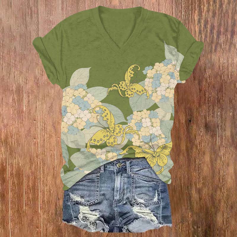 Japanese Cartoon Bouquet & Butterfly Art Print V-neck T-shirt - Green - US32-34(5XL) - image 3