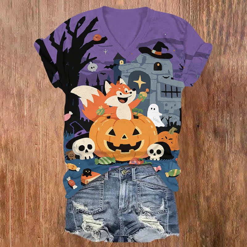 Halloween Cartoon Fox In A Pumpkin Print V-neck T-shirt - Purple - US32-34(5XL) - image 3