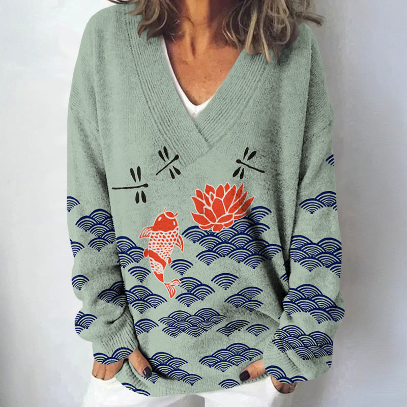 Japanese Style Koi Fish Dragonfly Wave Art Print Causal V-neck Pullover Sweater - Light Green - 4XL - image 2