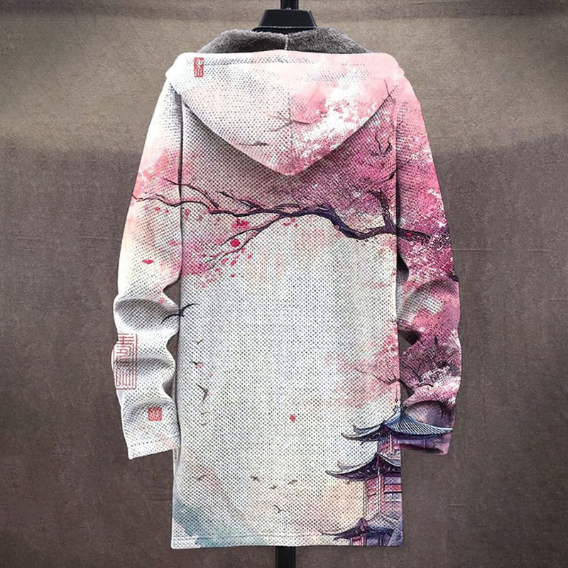 Japanese Style Sakura Templ Print Unisex Plush Thick Long-sleeved Fleece Jacket - image 2