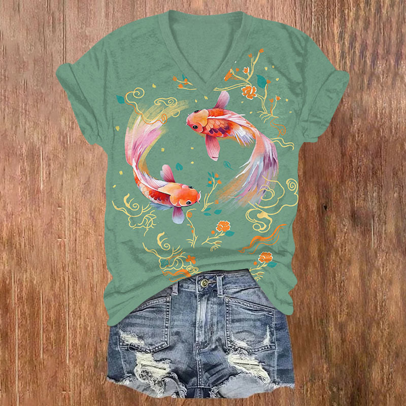 Japanese Fantasy Koi Fish Floral Art T-shirt - Green - US32-34(5XL) - image 2