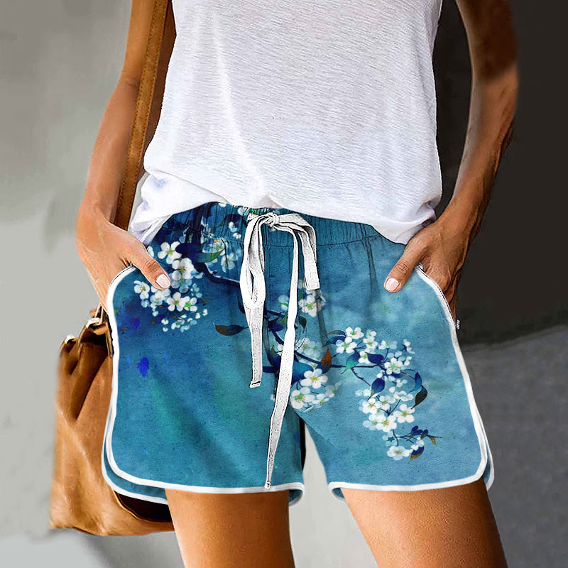 Japanese Antique Pear Blossom Ink Painting Print Pocket Shorts - Dark Blue - 5XL - image 5