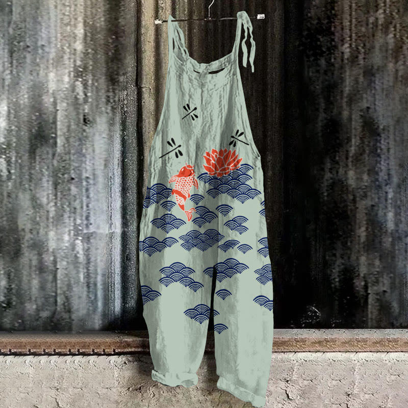 Japanese Style Koi Fish Dragonfly Wave Art Print Casual Jumpsuit  - Green - 5XL - image 3