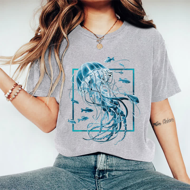 100% Cotton Women's Fantasy Jellyfish Surrounded By Fish Art Print Casual T-shirt - Grey - 2XL - image 4