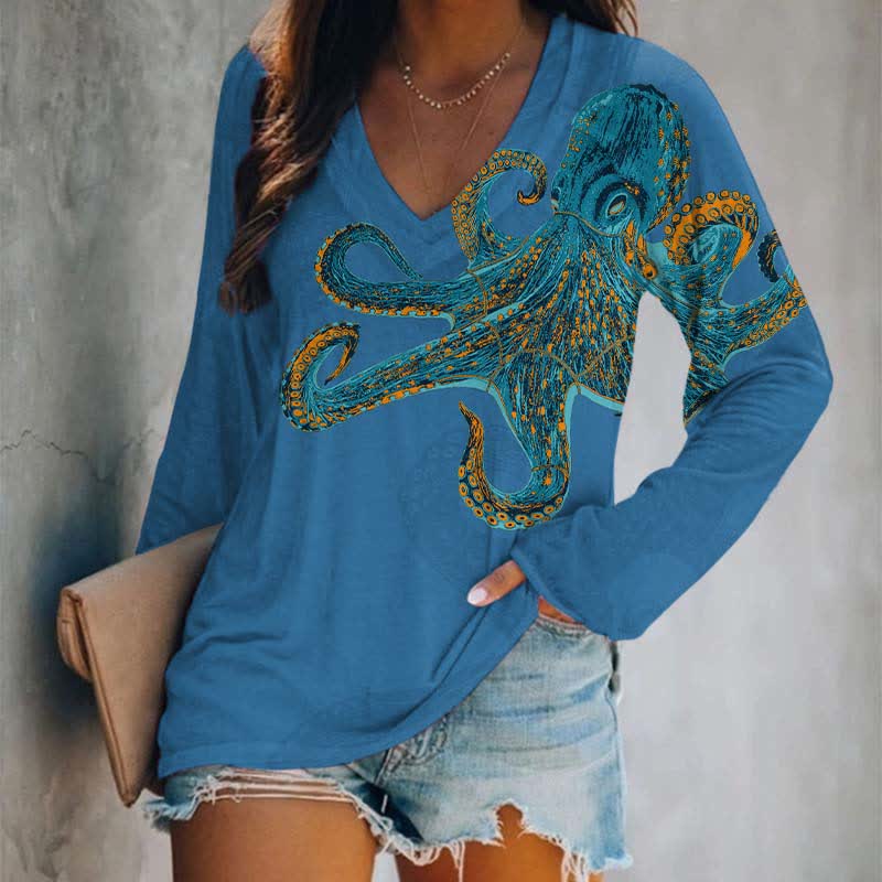 Creative Crayon Painting Octopus Art Print Long Sleeve T-shirt - Blue - 5XL - image 2