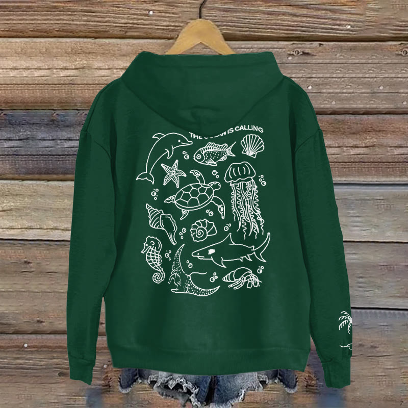 100% Cotton The Ocean Is Calling Print Hoodie - Green - 2XL - image 14