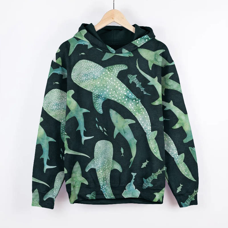 Unisex Watercolor Whale Shark Art Print Long Sleeved Hoodie - Dark Green - US44-46(8XL) - image 4