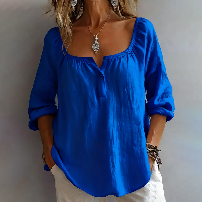 Casual Solid Half-placket Long Sleeve Blouse - Blue - 3XL - image 4
