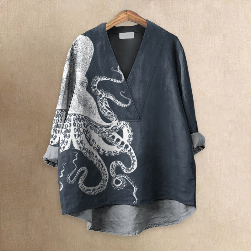 Japanese Art Octopus Graphic Print Casual V-neck Blouse - Blue - 6XL - image 2
