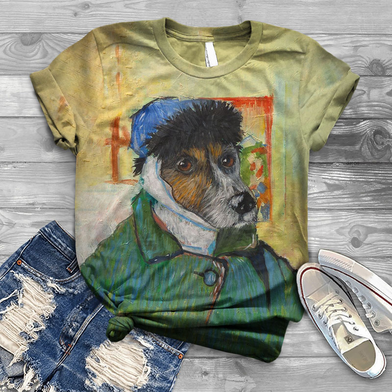 Funny Vincent Van Gogh Self-portrait With Bandaged Ear Puppy Print Crew Neck T-shirt