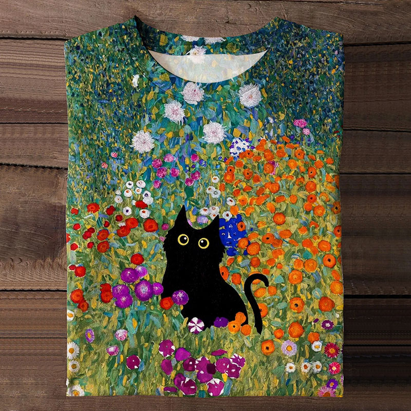Flowers Cat Art Print Crew Neck Short-sleeved T-shirt