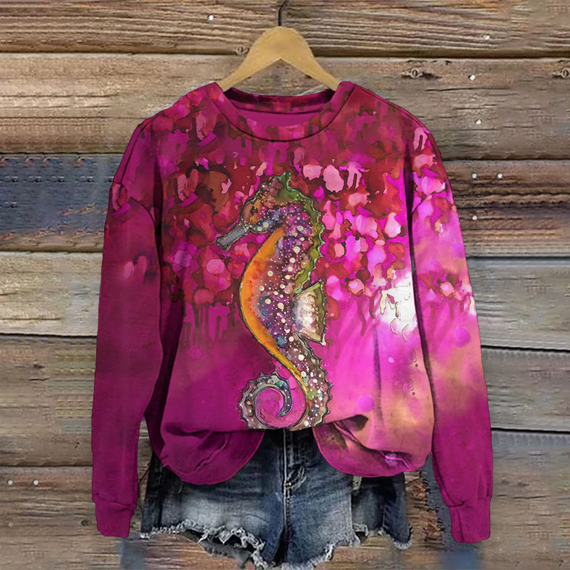 Seahorse Oil Painting Art Print Crew Neck Sweatshirt