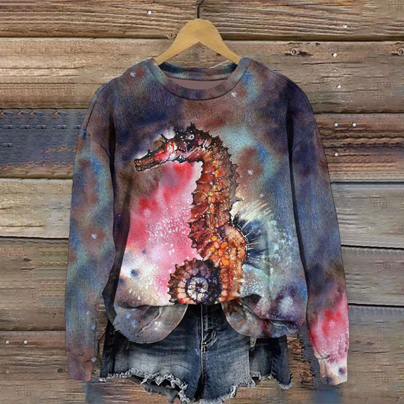 Tie-dye Style Seahorse Watercolor Art Print Crew Neck Sweatshirt
