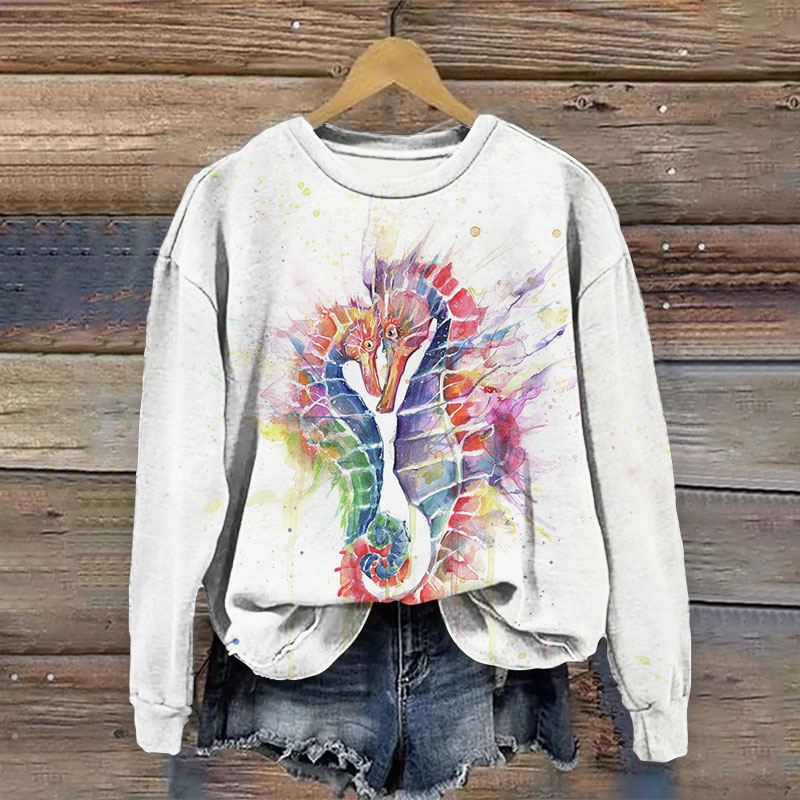 Seahorse Lovers Print Crew Neck Sweatshirt