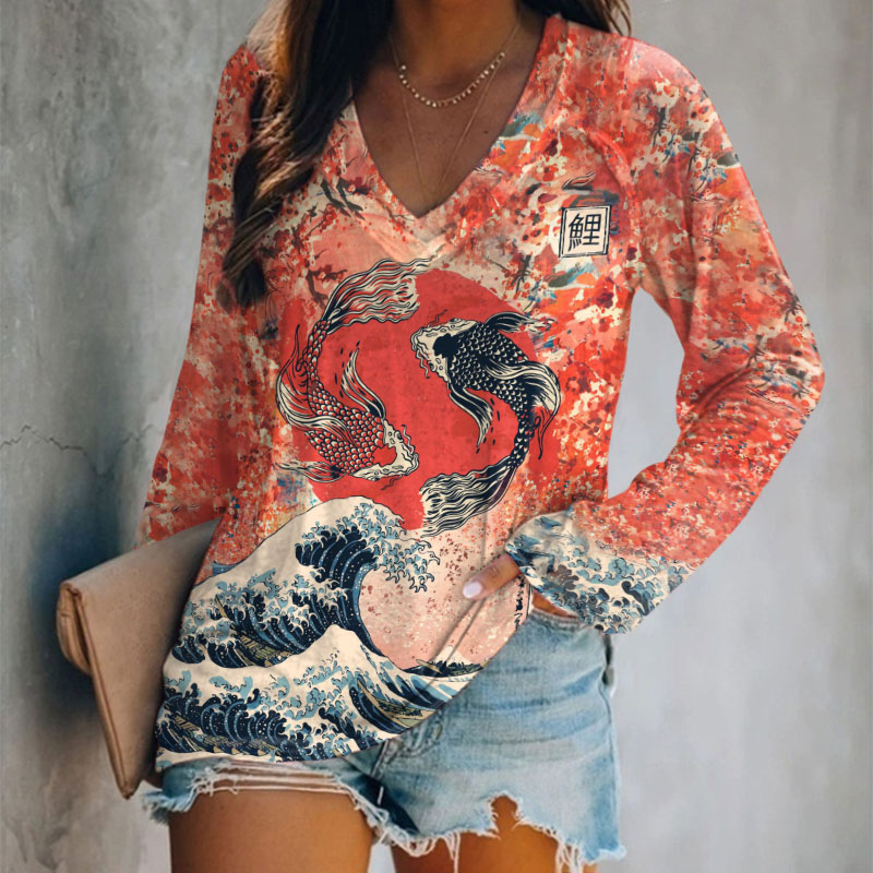 Japanese Koi Wave Print Casual V-neck Long Sleeve T-shirt
