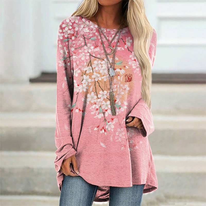 Cherry Blossom Full Moon Japanese Art Gradient Print Cozy Long Sleeved Tunic