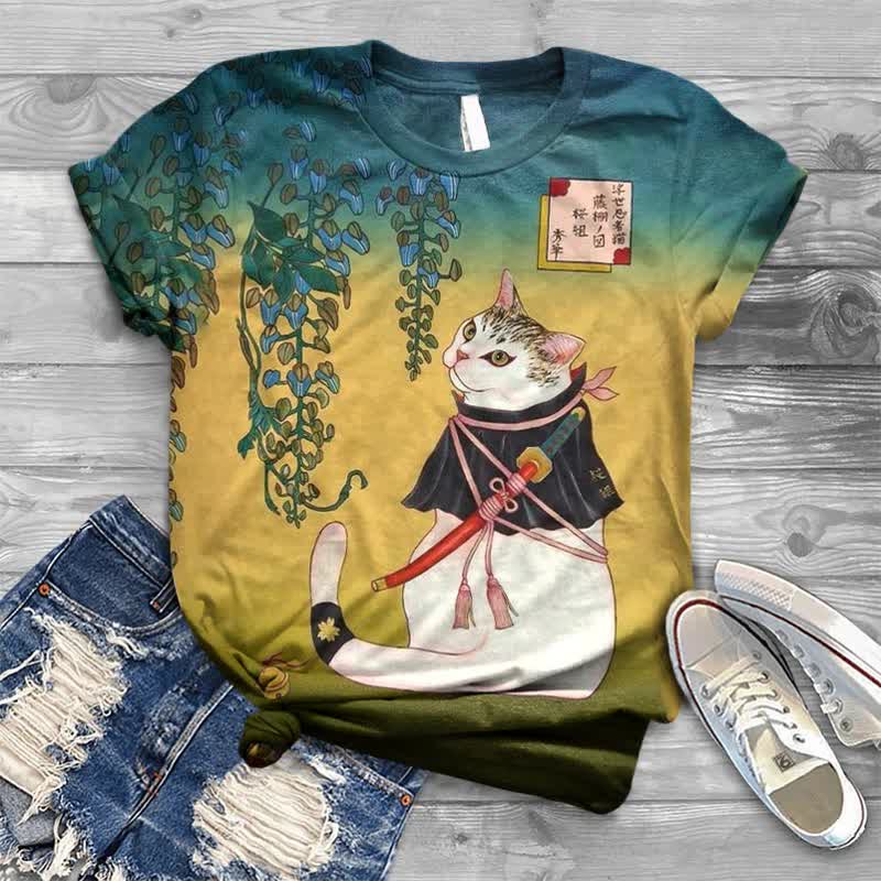 Vintage Samurai Cat Print T-shirt - Yellow - 8XL - image 1
