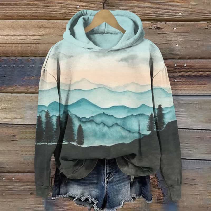 Forest And Mountain Silhouette Print Hoodie - Lake Blue - 8XL - image 1