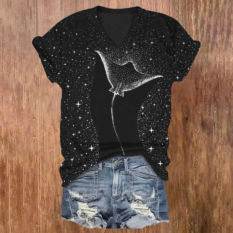 Starry Spotted Eagle Rays Print V-neck T-shirt - Black - 5XL - image 3