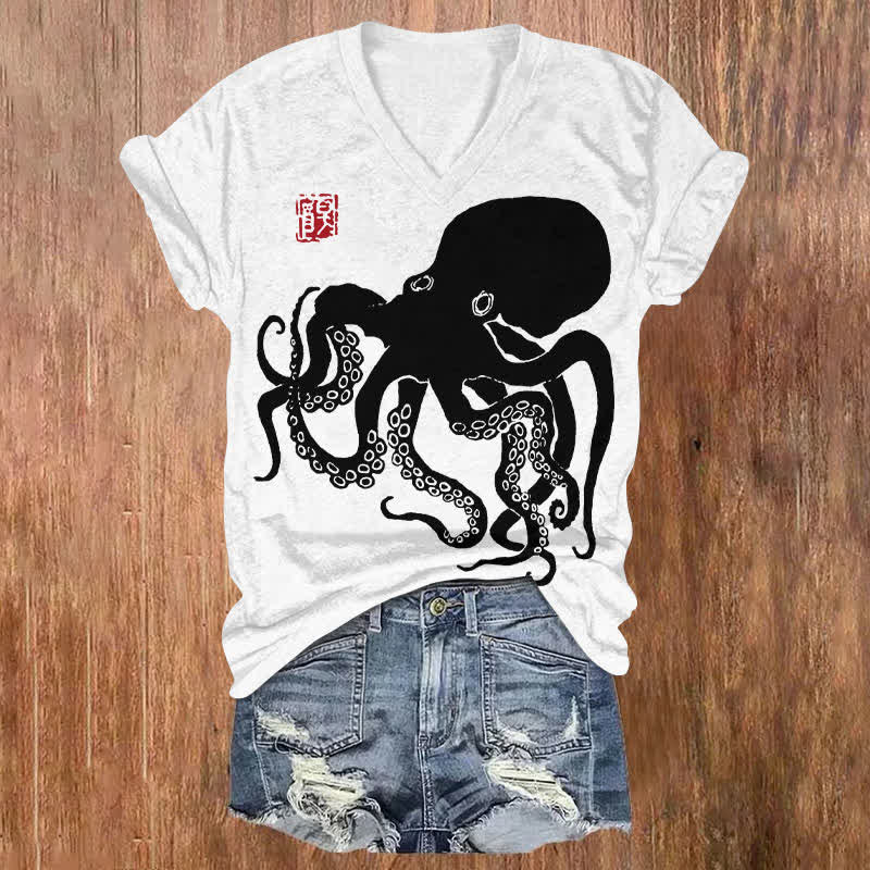 Octopus Japanese Lino Art Print V-neck T-shirt