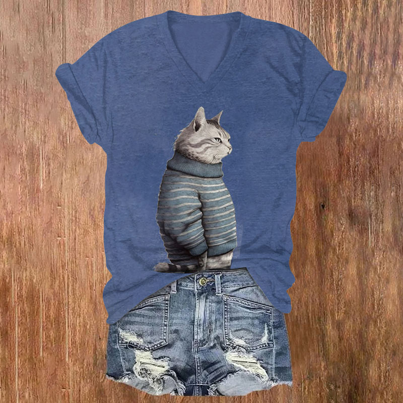 Cute Striped Sweater Cat Print V-neck T-shirt